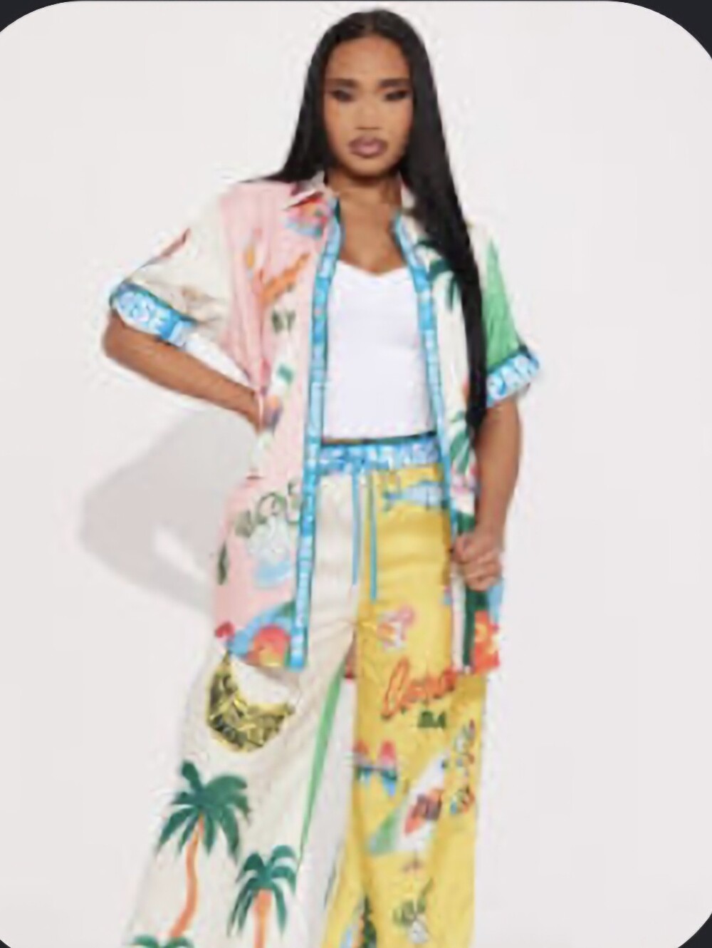 Colorful Tropical Print Lounge Set - Pink, Yellow, Green, Blue